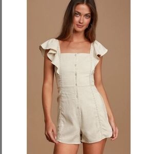 Lulus x LUSH Called It Beige Sleeveless Ruffled Button-Up Romper Sz M